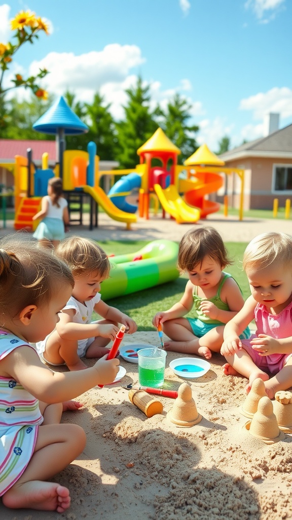 Toddlers engaged in summer daycare activities, playing in the sand and painting.