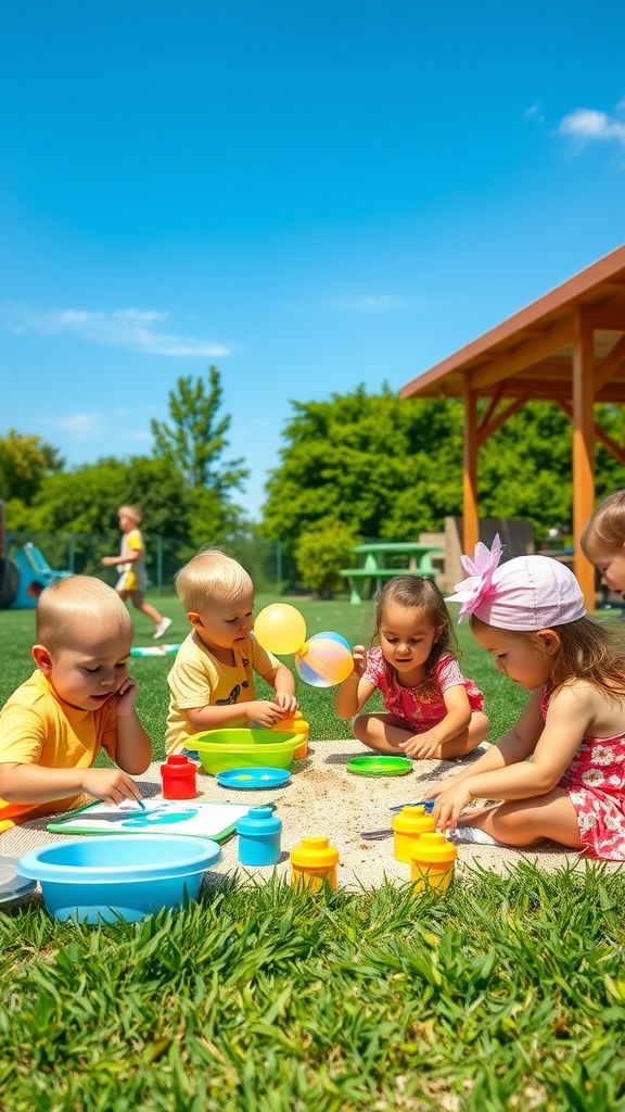 Toddlers playing with colorful toys in a sunny outdoor daycare setting.