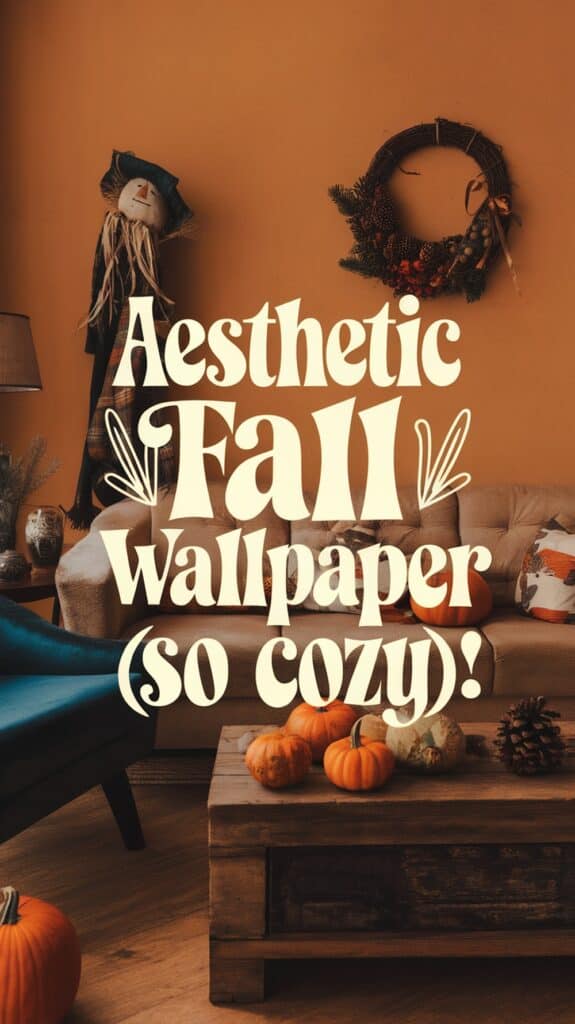 A cozy fall-themed living room with a pumpkin display on a wooden coffee table, a tan couch with autumn-themed cushions, a scarecrow figure by the couch, and a wreath on the wall. The wall is painted in a warm brown shade with decorative text overlay reading "Aesthetic Fall Wallpaper (so cozy)!" in bold lettering.