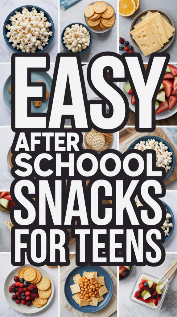 Collage of snacks like popcorn, crackers, cheese, fruit, and text: "Easy After School Snacks for Teens."