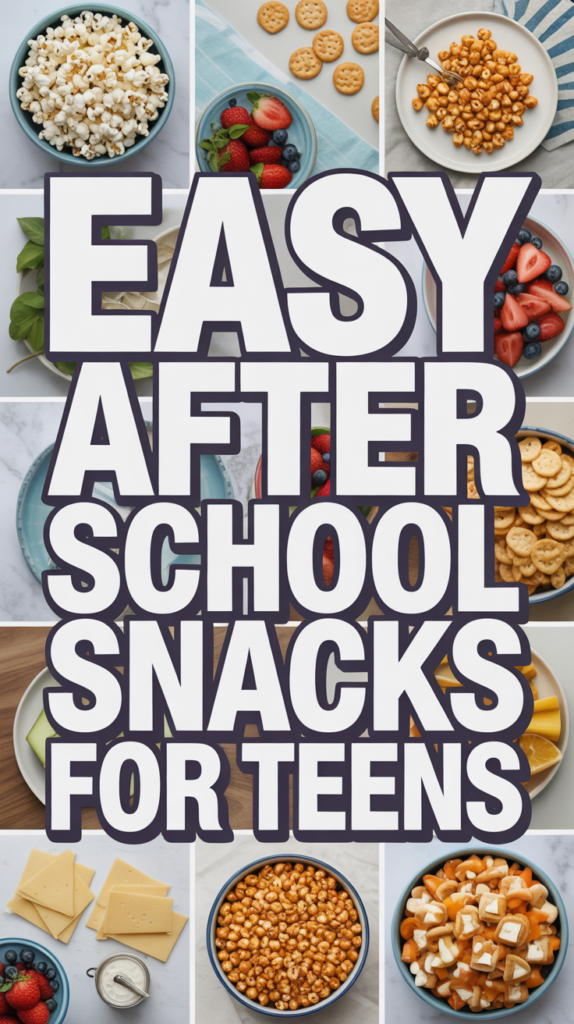 Collage of various snacks including popcorn, berries, pretzels, and cheese with text: "Easy After School Snacks for Teens."
