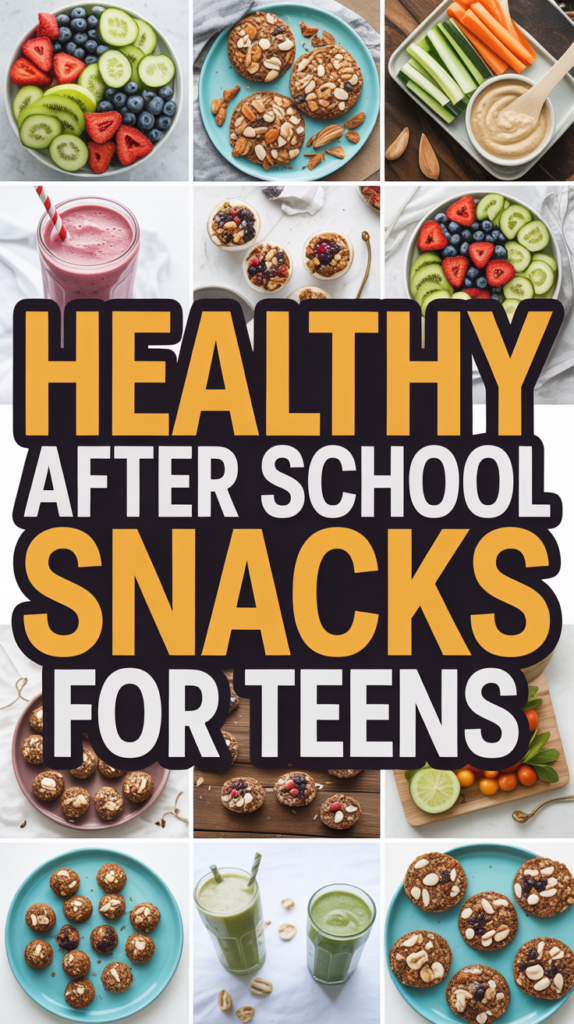Collage of various healthy snacks, including fruit, smoothies, and vegetable plates, with the text "Healthy After School Snacks for Teens."