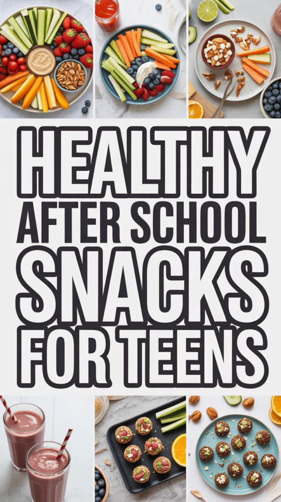 Collage of healthy snacks including veggies, nuts, smoothies, and text "Healthy After School Snacks for Teens."