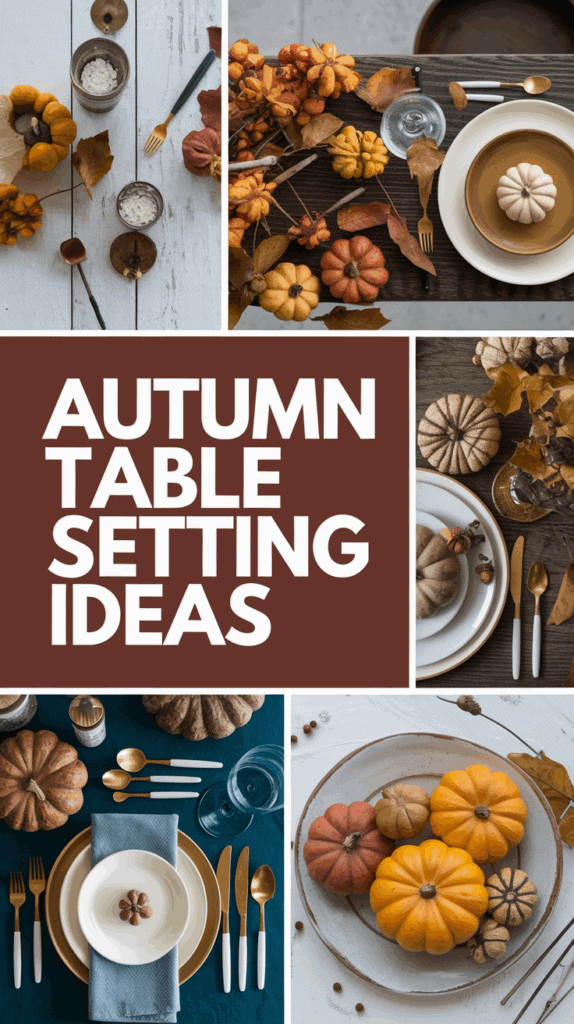A collage of autumn table setting ideas featuring small pumpkins, autumn leaves, and elegant cutlery arranged on various colored tablecloths with a central text block saying 'Autumn Table Setting Ideas.'