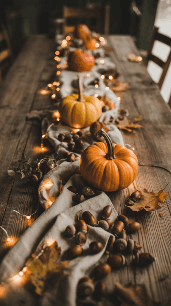 A rustic wooden table decorated for fall with small orange pumpkins, acorns, and autumn leaves placed along a linen runner, accentuated by warm string lights.