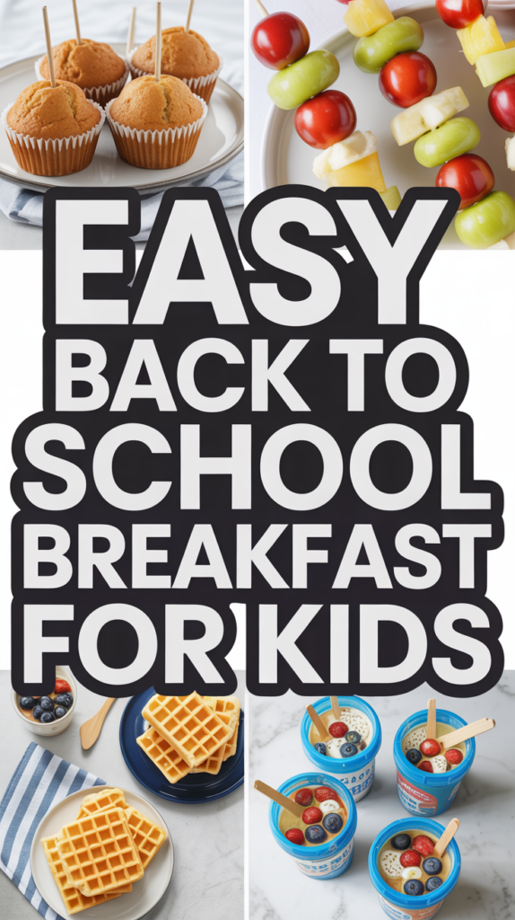 Collage of muffins, fruit skewers, waffles, and yogurt, with text: "Easy Back to School Breakfast for Kids."