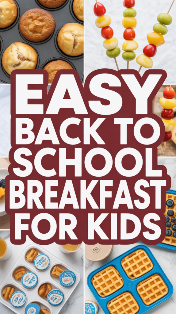 Collage with muffins, fruit skewers, yogurt packs, and waffles, featuring the text "Easy Back to School Breakfast for Kids."