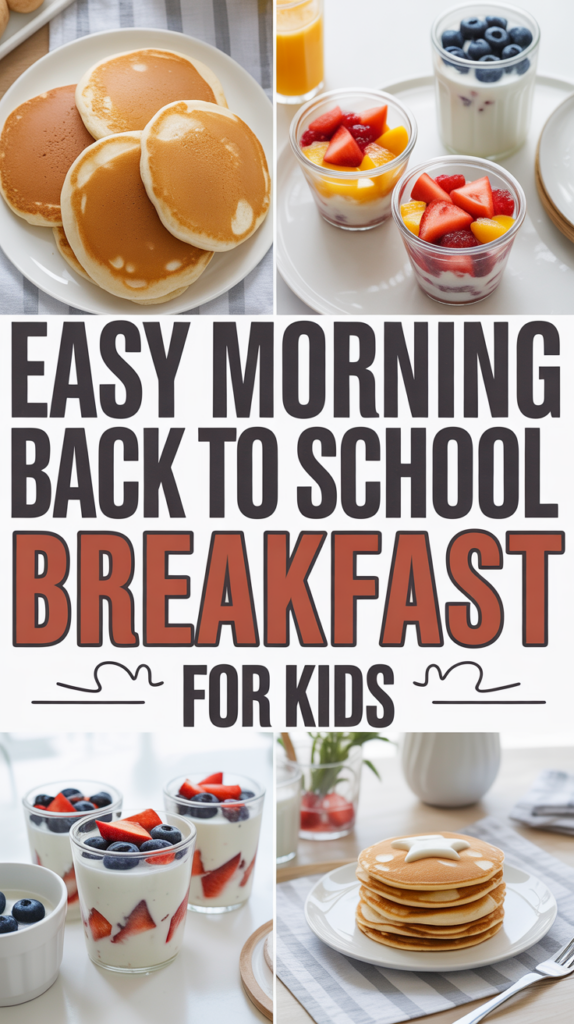 Pancakes with fruit parfaits and juice, with text: "Easy Morning Back to School Breakfast for Kids."