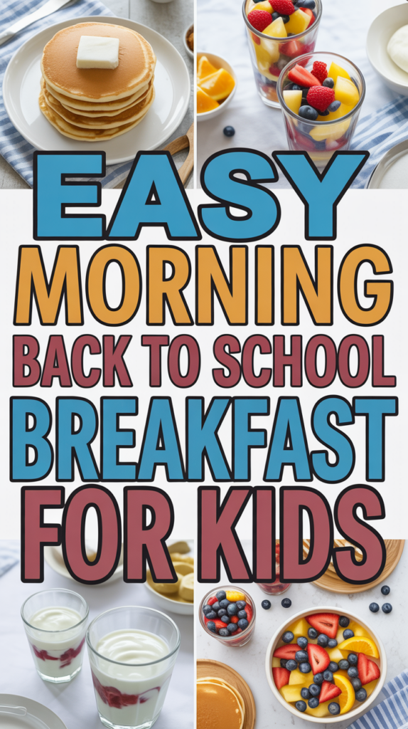 Collage of pancakes, yogurt with berries, and fruit bowls, with the text "Easy Morning Back to School Breakfast for Kids."