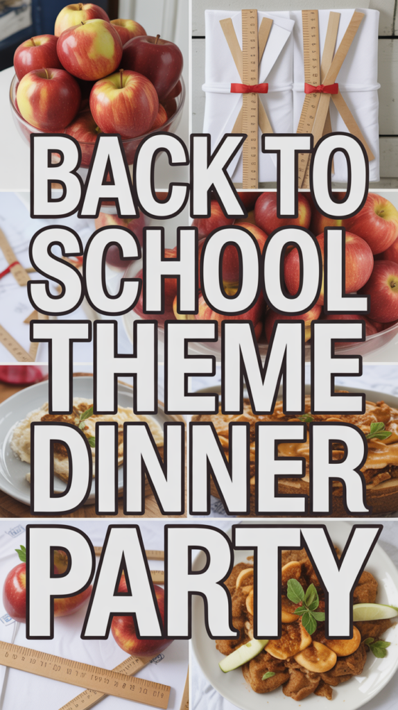 Collage of apples, dinner plates with food, and school-themed decorations with the text "Back to School Theme Dinner Party."