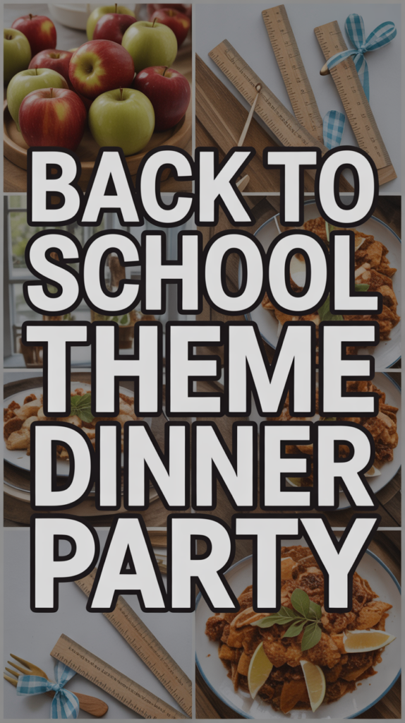 Collage of apples, dinner plates, rulers, pencils, and text saying "Back to School Theme Dinner Party."