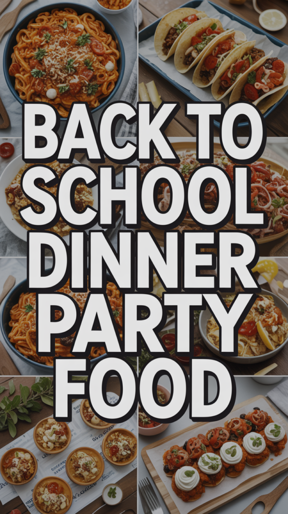 Collage of various dinner dishes with the text "Back to School Dinner Party Food" in bold letters.