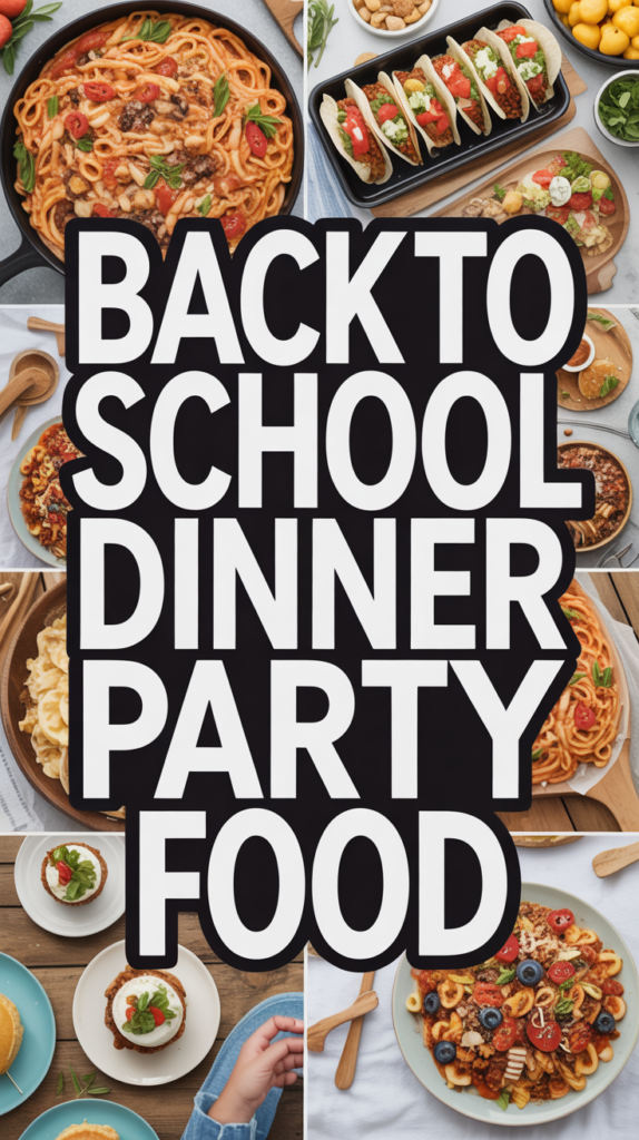 A collage of various dishes surrounding the text "Back to School Dinner Party Food," including pasta, tacos, and desserts.
