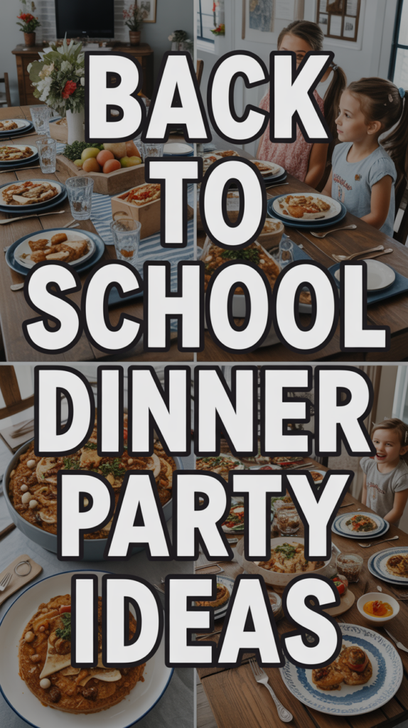 Collage of a family dinner with text "Back to School Dinner Party Ideas" overlaid on various table settings with food.
