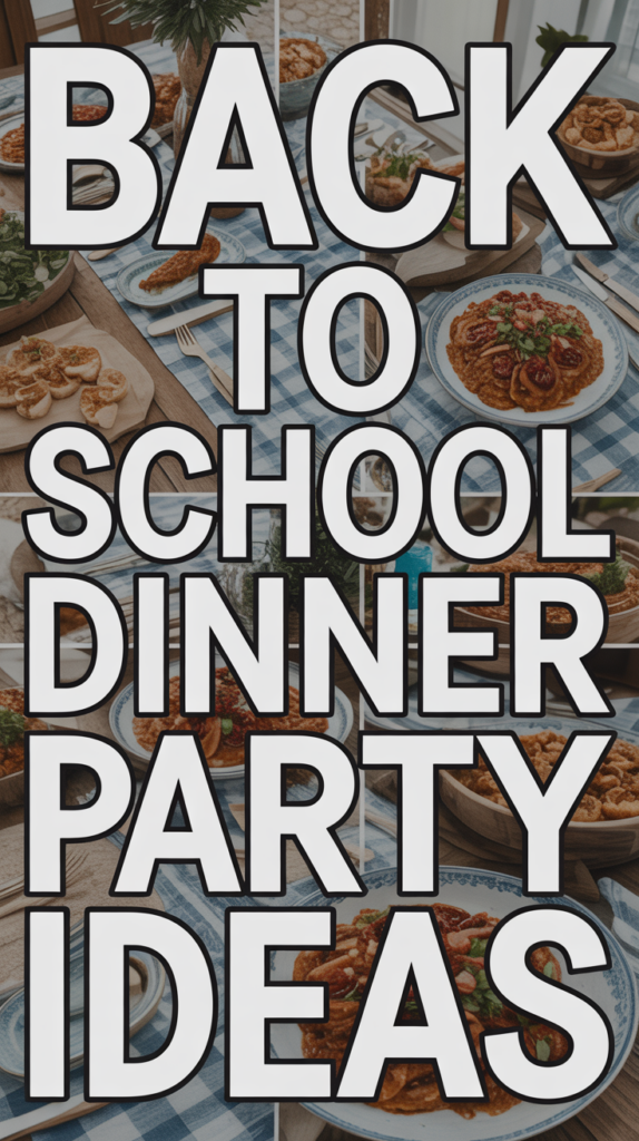 The image features the text "Back to School Dinner Party Ideas" overlaid on a table set with various dishes.