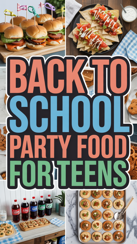Collage of back-to-school party food, including sliders, nachos, soda bottles, and small pizza bites with text: "Back to School Party Food for Teens".