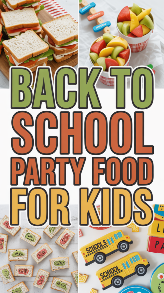 Colorful back-to-school party snacks including sandwiches, fruit cups, decorative cookies, and school bus-themed treats.
