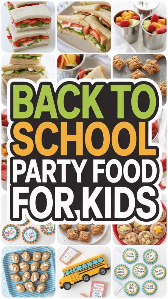 Back to School Party Food for Kids with images of sandwiches, fruit cups, animal crackers, and themed cookies.