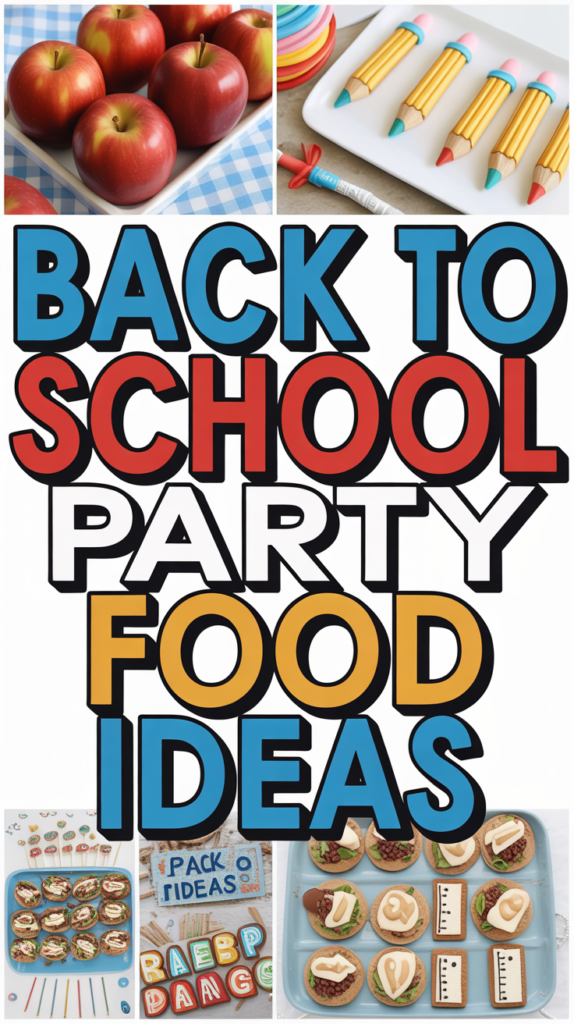 Collage of back-to-school themed snacks including apples, pencil-shaped cookies, and decorated cupcakes.