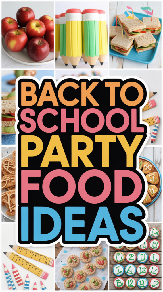 "Back to School Party Food Ideas" text surrounded by themed snacks like apple-shaped cookies, sandwich pencils, and decorated cupcakes.