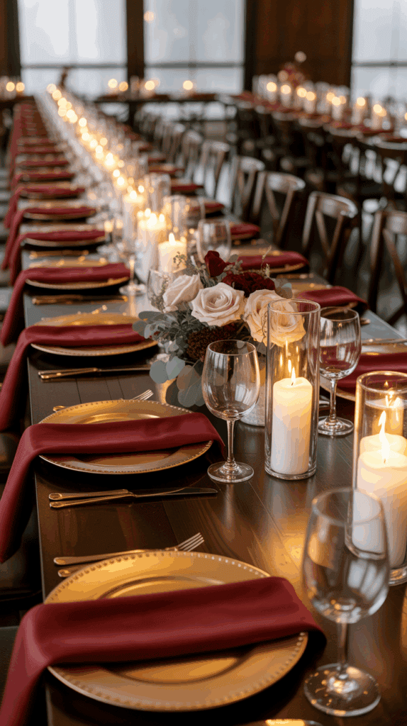 A long, elegantly set dining table adorned with gold plates, burgundy napkins, and glowing candles in glass holders. The table is lined with wine glasses and a floral centerpiece featuring cream roses and greenery, creating a warm, inviting atmosphere.