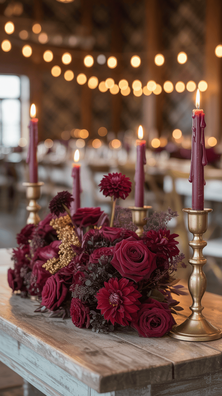 A floral table centerpiece featuring dark red roses and dahlias, surrounded by lit burgundy candles on a wooden table, with a background of blurred string lights creating a warm ambiance.
