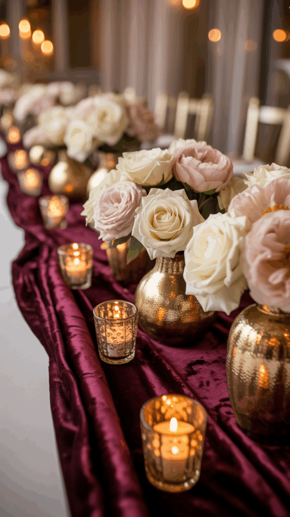 A luxurious table setting featuring gold votive candles and vases filled with white and blush roses, arranged on a rich burgundy velvet runner.