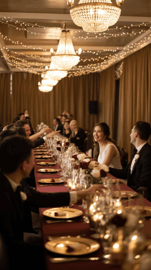 A wedding reception features a long table adorned with red and white roses, attended by elegantly dressed guests. A bride in a white gown smiles while sitting beside a groom in a black tuxedo. Overhead, chandeliers and string lights provide warm illumination, creating an intimate atmosphere.