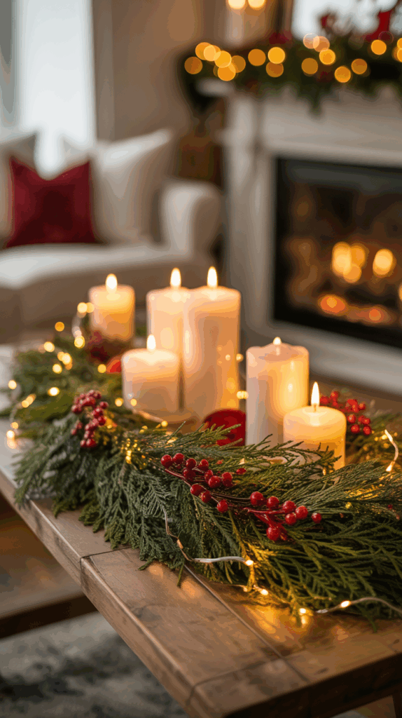 A cozy Christmas setting featuring white pillar candles surrounded by green pine branches and red berries on a wooden table, with string lights adding a warm glow, in front of a lit fireplace.