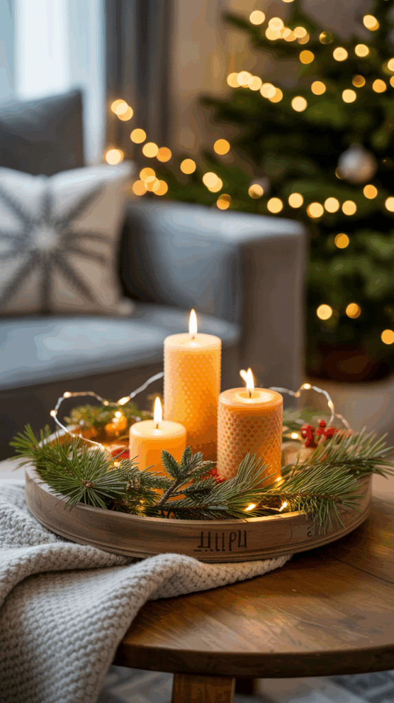 A cozy scene with three lit candles on a wooden tray decorated with pine branches and holiday lights, placed on a table with a knitted blanket, in front of a blurred Christmas tree adorned with golden lights.