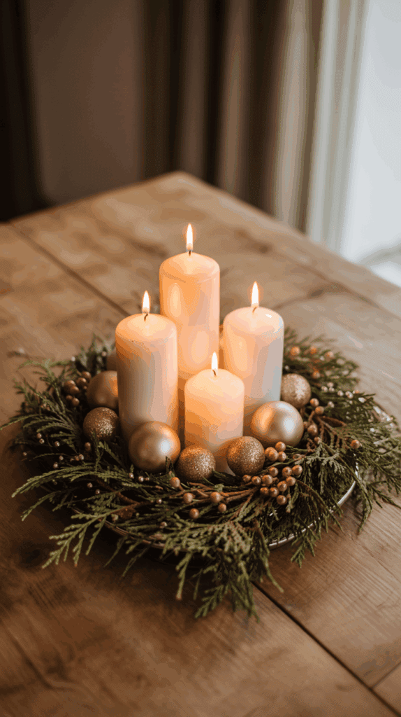 Four lit white pillar candles arranged on a table, surrounded by a festive wreath of green foliage, gold baubles, and small berries.