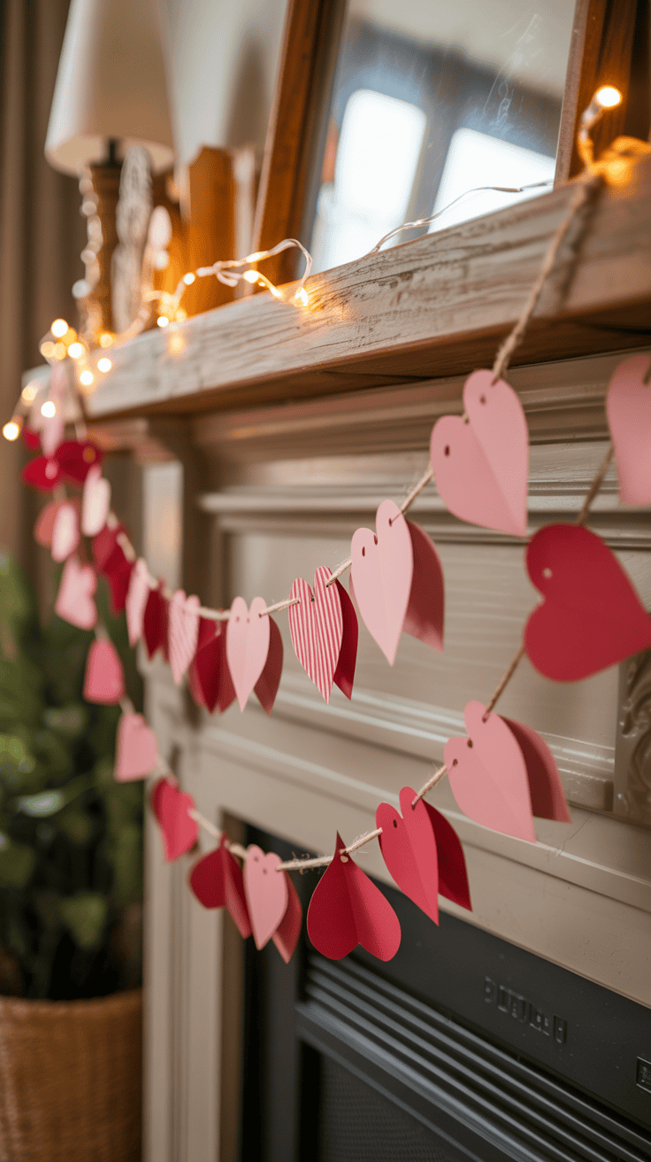 A decorative string of pink and red paper heart cutouts draped across a fireplace mantel, which is adorned with warm white string lights.