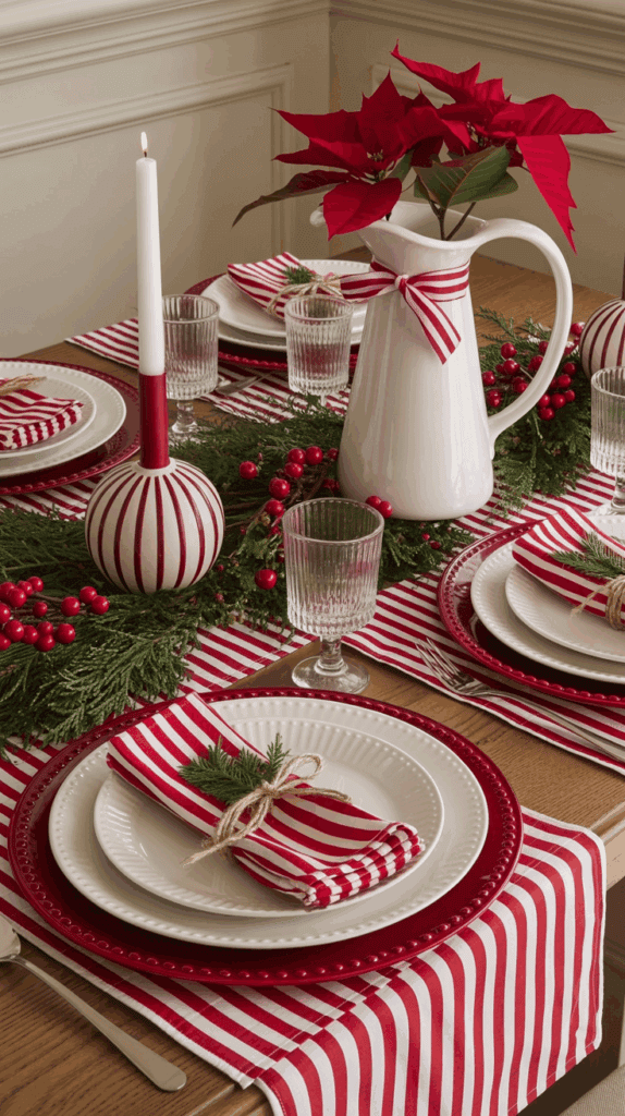 A festive holiday table setting featuring red and white striped table runners and napkins, white plates with scalloped edges on red chargers, glass goblets, and a centerpiece with a white pitcher filled with red poinsettias. The table is adorned with greenery and red berries, and a tall white candle in a red and white striped holder complements the decor.