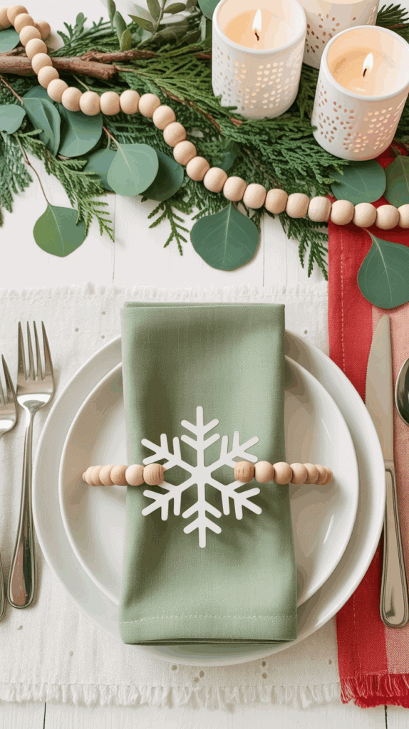 Table setting with a green napkin adorned with a wooden bead and snowflake ring, surrounded by plates, cutlery, greenery, candles, and wood bead garlands.