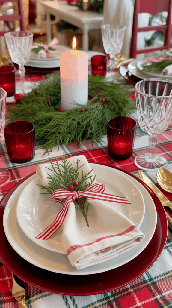A festive table setting featuring a plaid tablecloth, a white pillar candle encircled by greenery in the center, red glass candle holders, and neatly folded napkins tied with red and white striped ribbons and sprigs of greenery on white plates with red chargers.