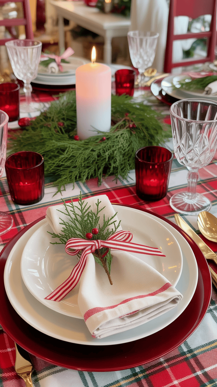 A festive table setting featuring a red and green checkered tablecloth, white plates with red edges, gold cutlery, and crystal glassware. A white candle surrounded by greenery forms the centerpiece, while a neatly folded white napkin with red trim rests on the plate, adorned with a small sprig of evergreen and tied with a red and white ribbon.