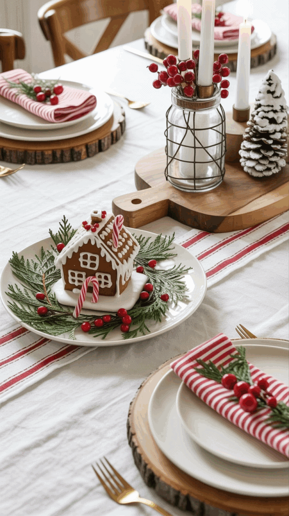 A festive table setting featuring a small gingerbread house garnished with candy canes and red berries on a plate with green foliage. The table is adorned with a white and red striped table runner, wooden chargers, neatly folded red and white striped napkins, and white candles in a glass holder surrounded by red berries. A snow-covered pine cone and gold cutlery complete the holiday-themed decor.