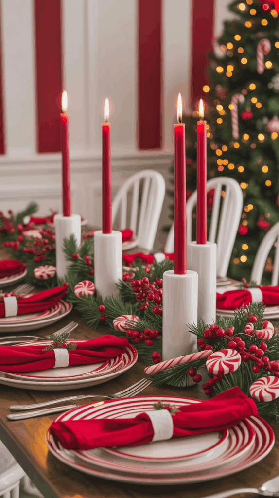 A festive dining table decorated with red napkins, white plates with red borders, lit red candles in white holders, and Christmas greenery with candy canes and red berries. In the background, a Christmas tree with lights and candy cane ornaments is visible.