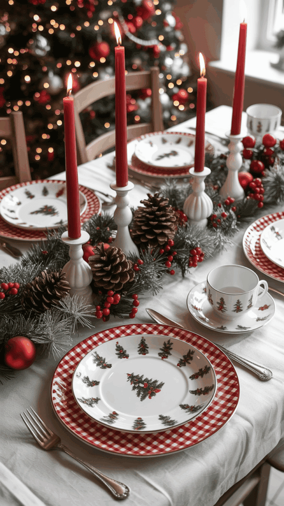 A festive Christmas table setting featuring red and white plates with Christmas tree designs, surrounded by a garland of pinecones and red berries. Tall red candles are placed in white holders, and a decorated Christmas tree is visible in the background.