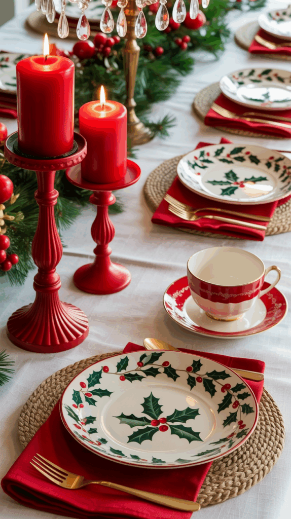 A festive table setting featuring a Christmas-themed dinner plate with holly designs on top of a red napkin and woven placemat, accompanied by gold cutlery. Red pillar candles are lit on ornate candle holders, surrounded by greenery and red berries, enhancing the holiday decor on the white tablecloth.