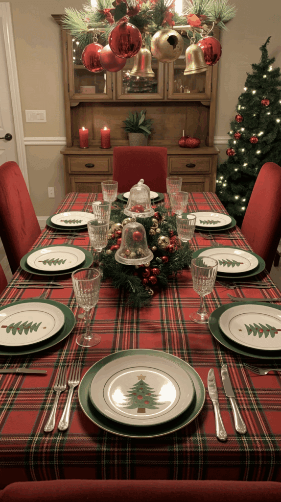 A festive dining room table is set with a red and green plaid tablecloth, and plates decorated with Christmas trees. Crystal glasses and silverware are neatly arranged for six settings. A Christmas centerpiece of pine and baubles sits in the middle, and large red and gold ornaments hang overhead. A decorated Christmas tree and a sideboard with red candles and greenery add to the holiday ambiance.