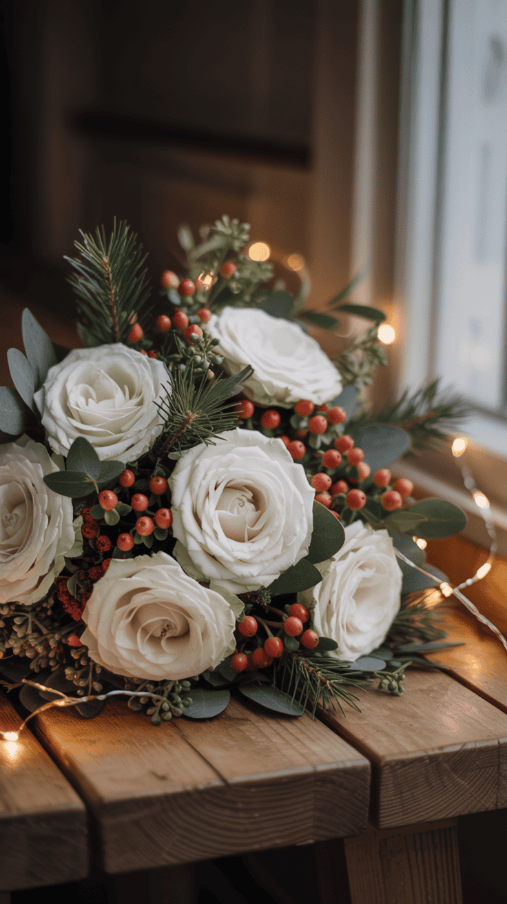 A festive bouquet with white roses, red berries, eucalyptus leaves, and pine branches, placed on a wooden table with warm, glowing string lights in the background.