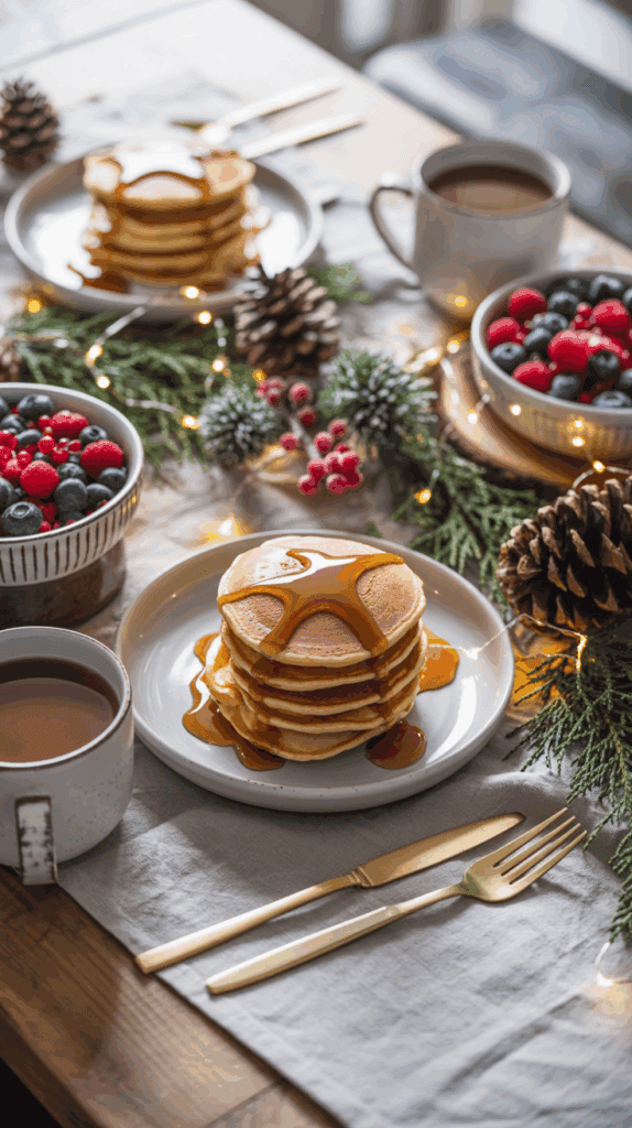 A breakfast setting featuring a stack of pancakes drizzled with syrup on a white plate, accompanied by a cup of coffee, a bowl of mixed berries, and holiday decorations including pinecones and string lights on a wooden table.