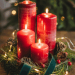 Four red candles of varying heights are lit and surrounded by pine branches, pinecones, and red berries on a wooden surface, with a green ribbon and twinkling lights in the background.