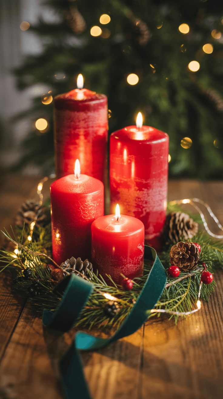 Four red candles of varying heights are lit and surrounded by pine branches, pinecones, and red berries on a wooden surface, with a green ribbon and twinkling lights in the background.