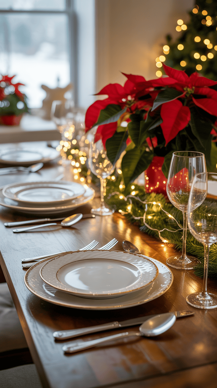A festive dining table set for a holiday meal with elegant white dishware trimmed in gold, surrounded by silverware and wine glasses. The table is decorated with red poinsettias and illuminated by warm string lights, creating a cozy atmosphere.