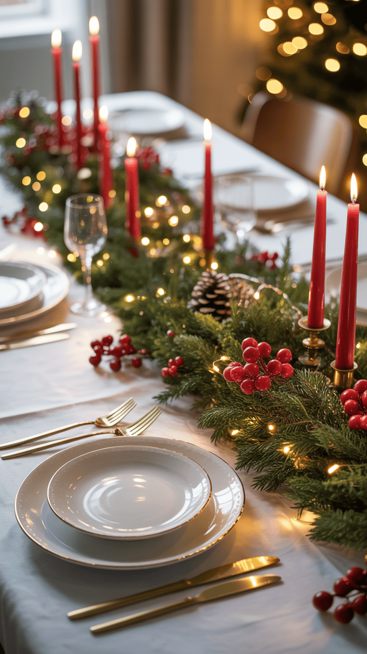 A festive dinner table setting with white plates, gold cutlery, and a centerpiece of evergreen branches, red berries, pinecones, and lit red candles. Fairy lights add a warm glow to the arrangement, enhancing the holiday ambiance.