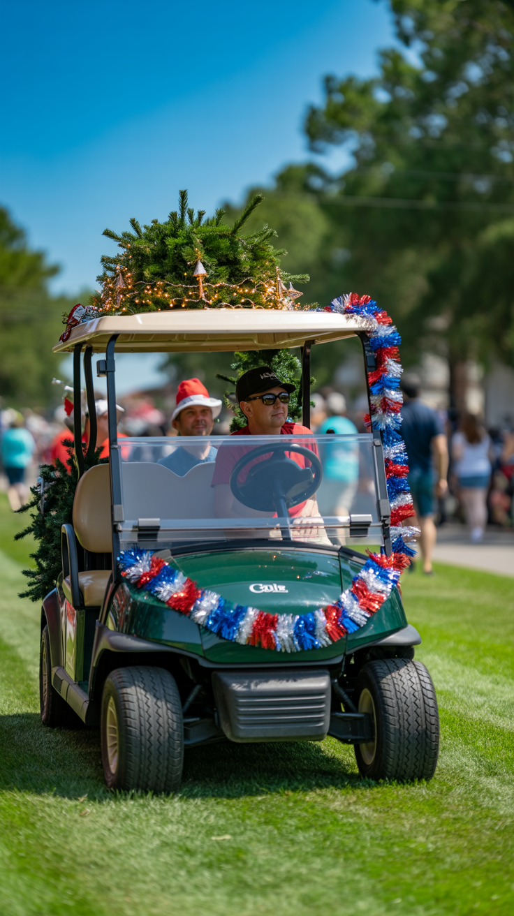 A golf cart decorated with red, white, and blue tinsel and greenery drives through a festive outdoor event.
