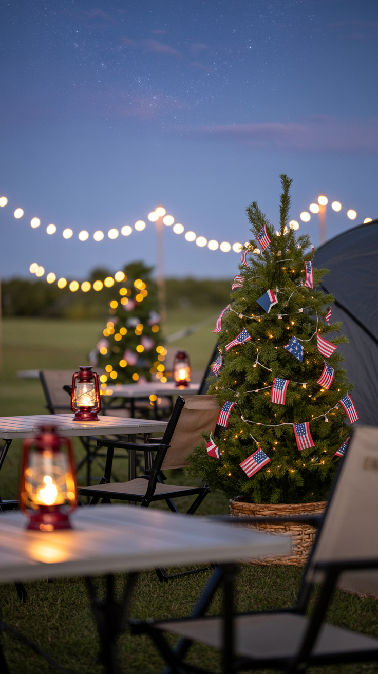 Two small Christmas trees decorated with American flags are set beside tables with lanterns, under string lights in an outdoor setting.
