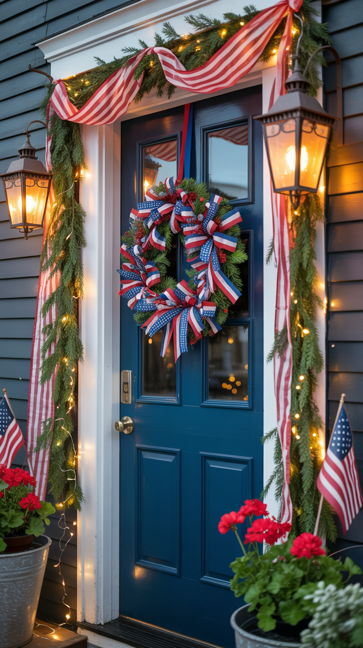 A blue door adorned with a patriotic wreath, surrounded by American flag-themed ribbons, lanterns, and potted red flowers.